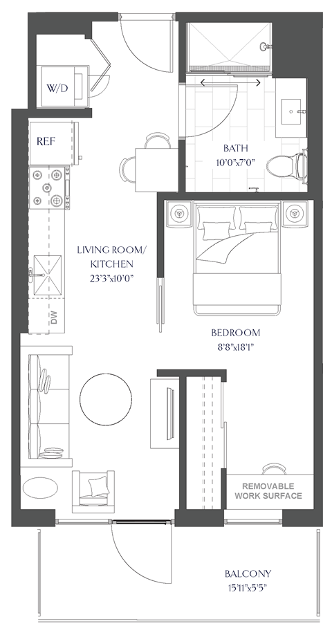 a floor plan of a small house with a bedroom and a living room